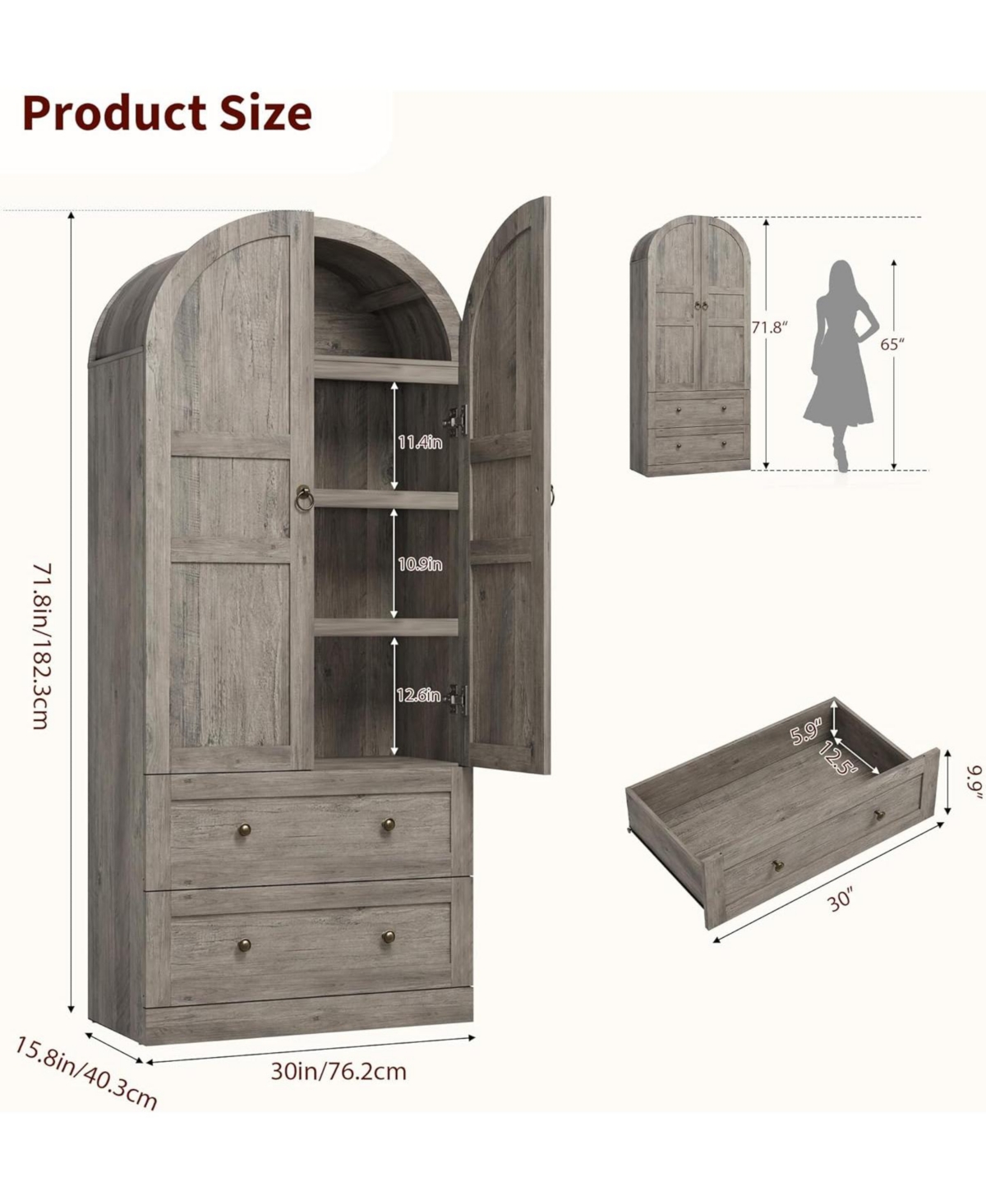 Gaomon 72" Tall Dome Bookcase with Drawers, 4-Tier Wooden Bookshelf Storage Cabinet with Door