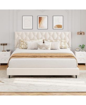Platform Bed Frame with Upholstered Headboard, Wood Slats, No Box Spring Needed, Easy Assembly
