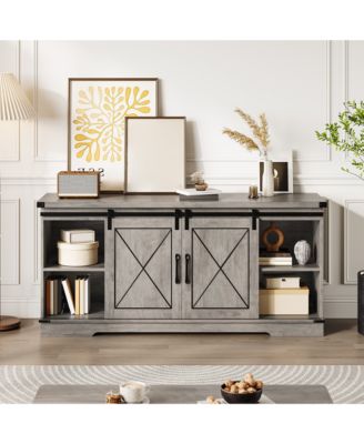59" Farmhouse TV Stand for 65" TVs, Media Console with Sliding Barn Doors & Adjustable Shelves
