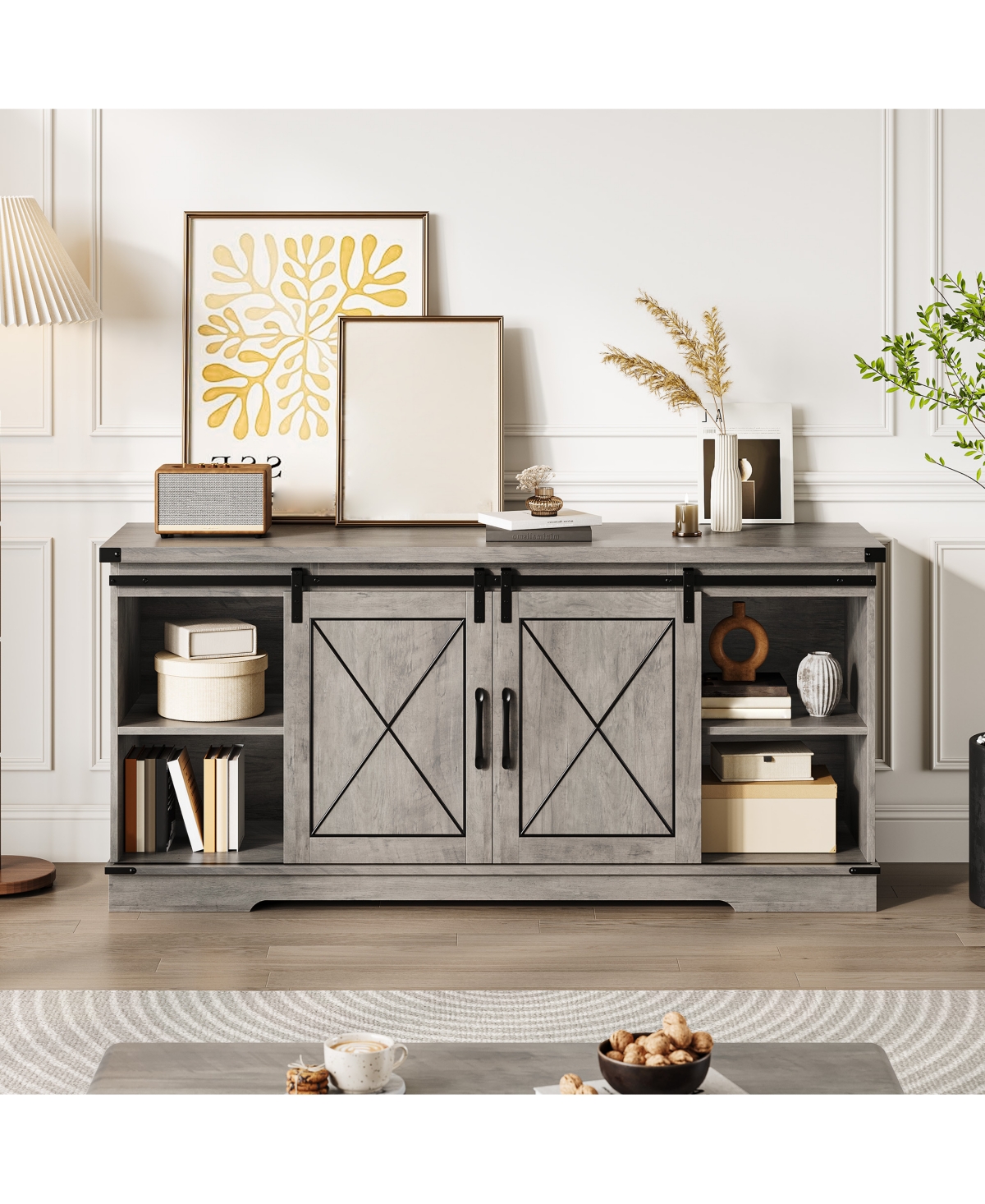 Gaomon 59" Farmhouse Tv Stand for 65" TVs, Media Console with Sliding Barn Doors & Adjustable Shelves