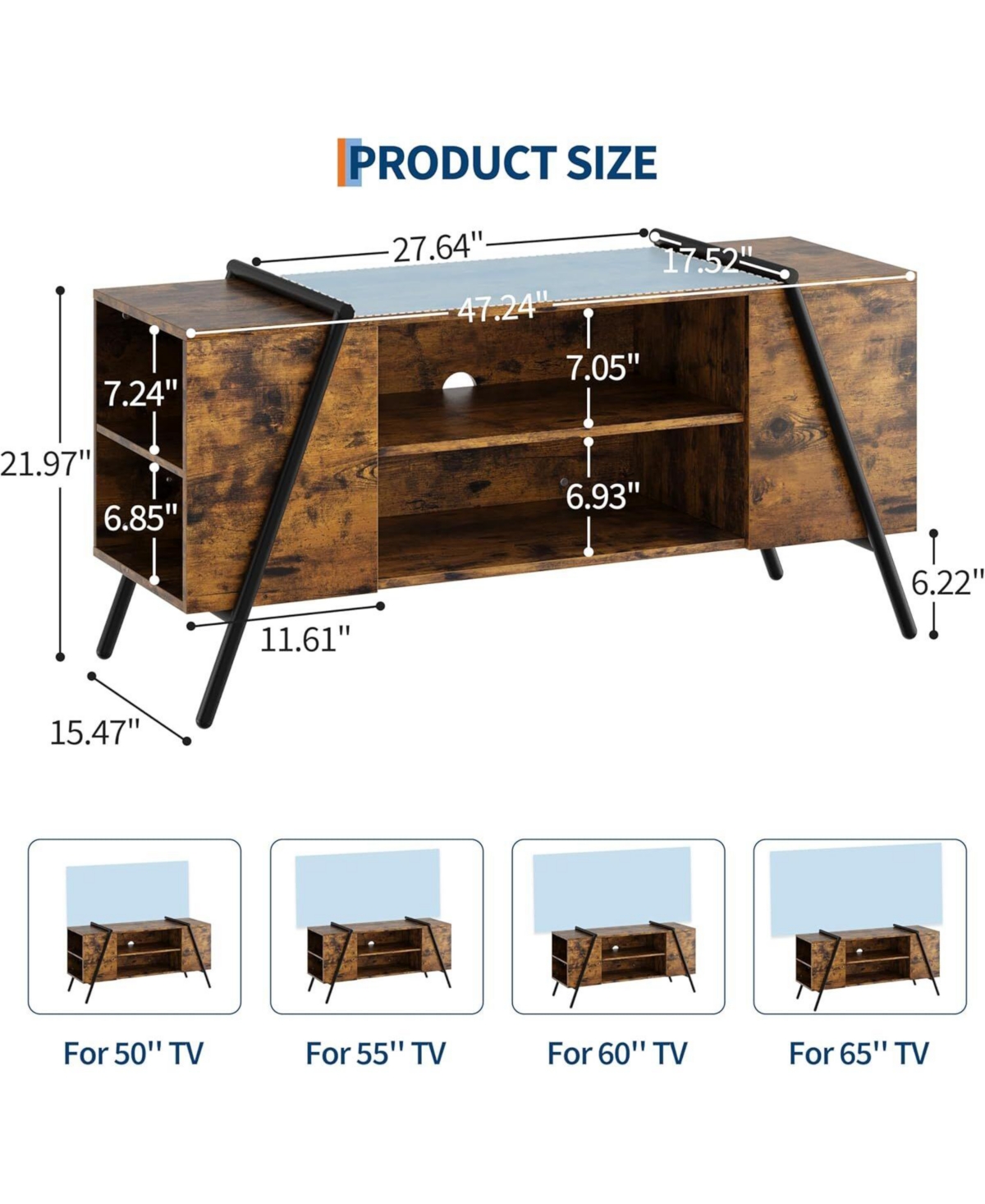 Gaomon Tv Stand with Adjustable Open Shelves & Slanted Metal Legs, Industrial Modern Style, Fit for 55 Inch TVs