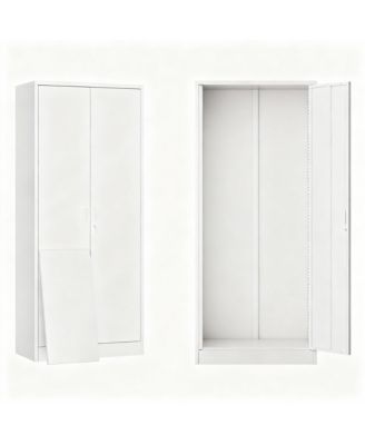 71" White Metal Cabinet with 5 Adjustable Shelves & Lockable Doors for Garage/Office/School