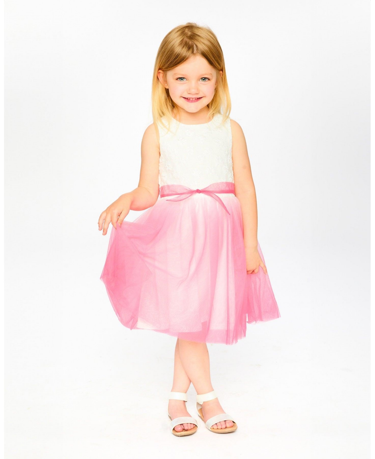Deux par Big Girls Bi-Material Pleated Mesh Dress White and Pink