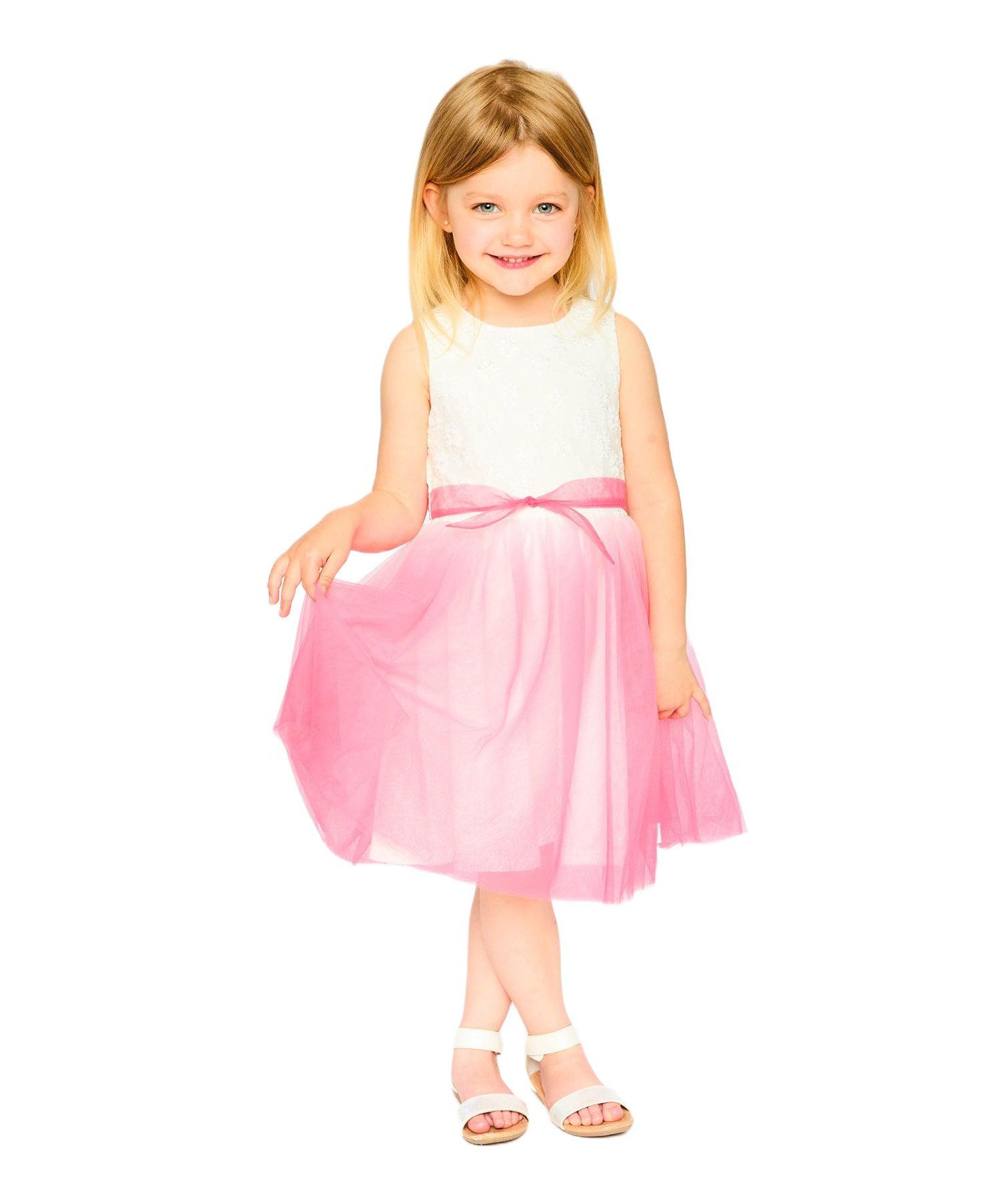 Big Girls Bi-Material Pleated Mesh Dress White and Pink