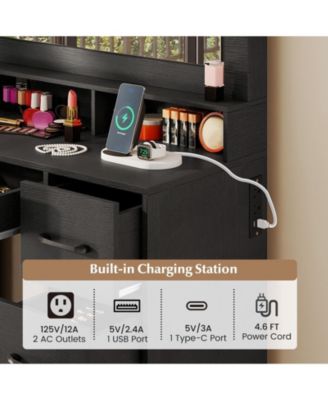 Makeup Vanity Table with Mirror and Lights, Power Outlets, Bedroom Dressing Desk