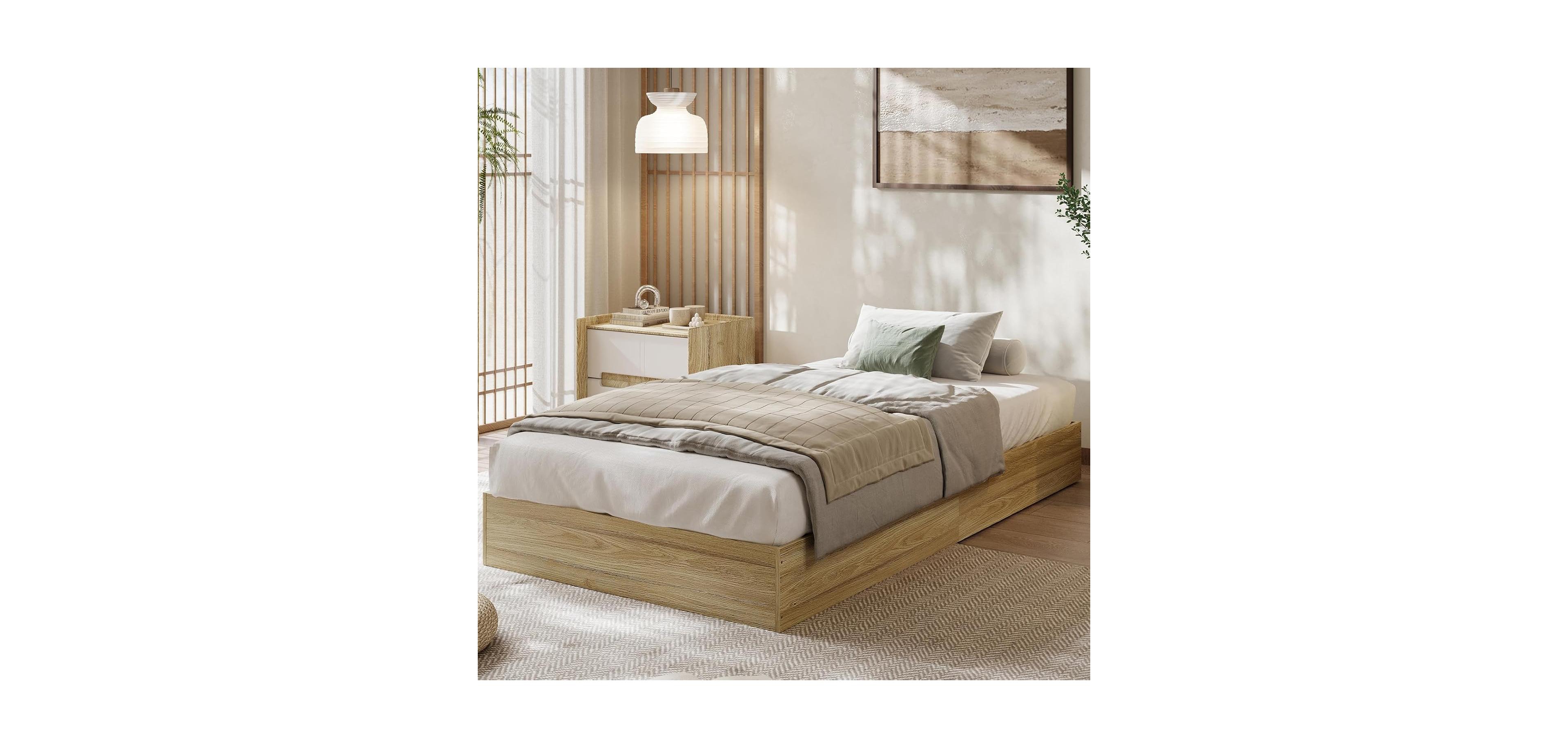 gaomon Solid Wood Platform Bed, Floor-Standing Bed Frame with Wooden Slats