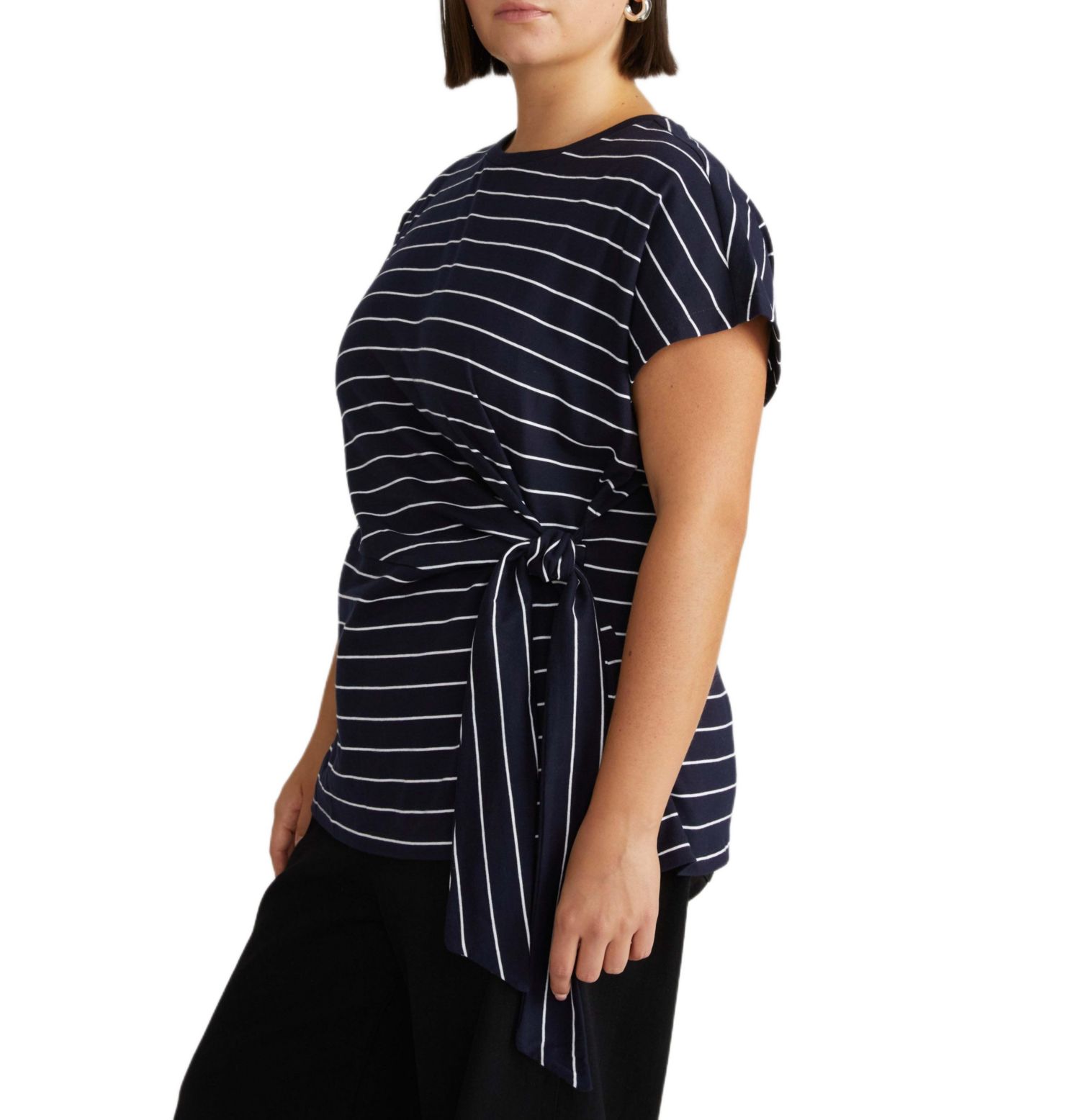 Women's Plus Size Crescent Breton Stripe Knot Tee