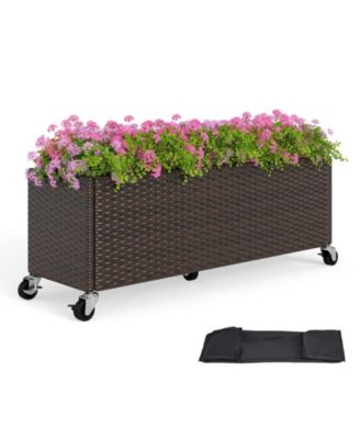 Outdoor Wicker Raised Garden Bed with Wheels and PE Liner