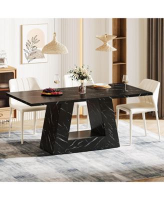 63" Dining Table for 4 to 6 People, Rectangular Dining Room Table, Modern Wooden Faux Marble Dinner Table with Sturdy Base