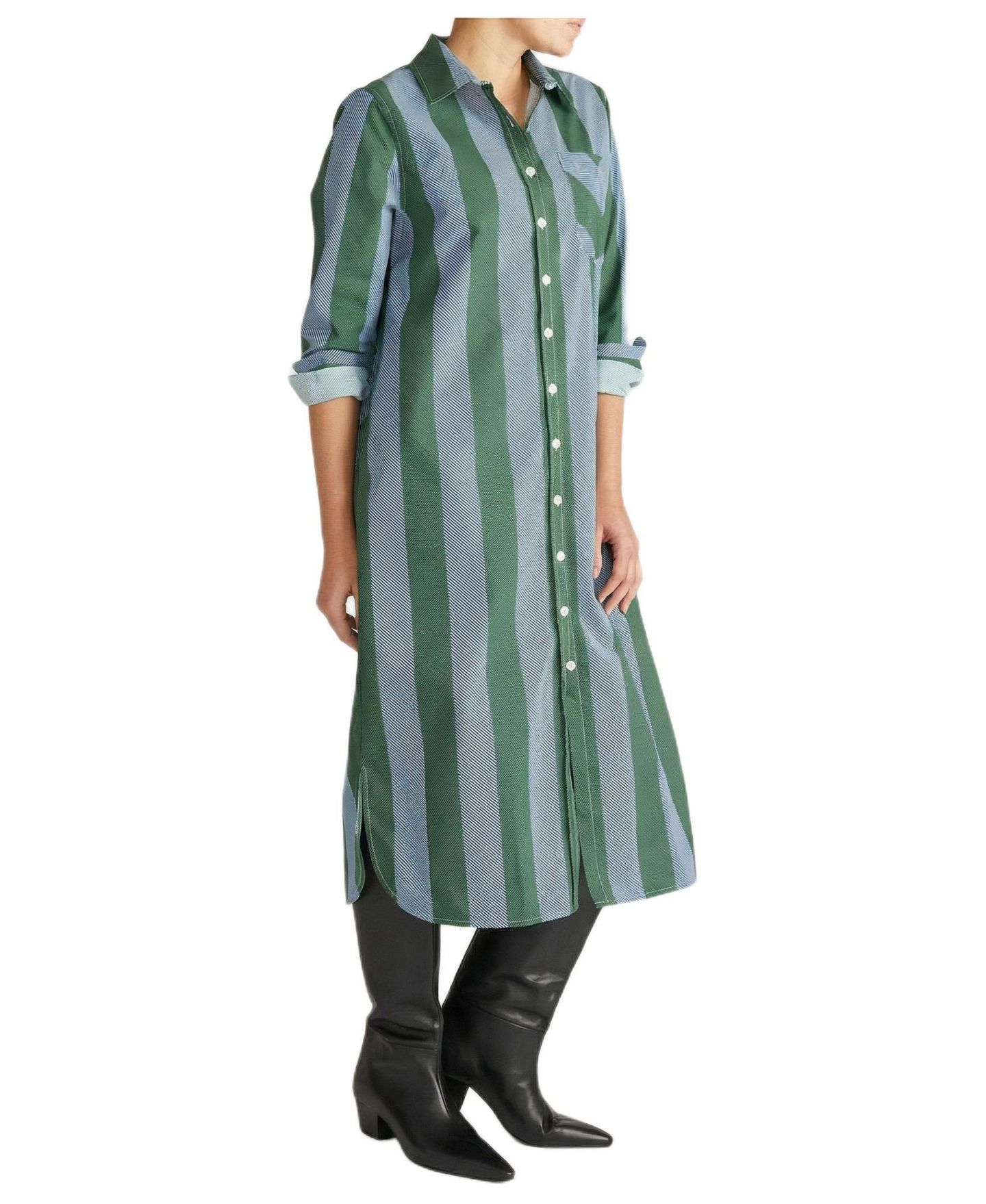 Женское платье Universal Standard Plus Size Odeon Stretch Poplin Shirtdress, цвет: Зелёный / Синий полосатый — фото 3