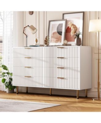 White 8 Drawer Dresser for Bedroom, Fluted Dresser with Large Drawers and Sturdy Gold Legs Support, Dressers & Chests of Drawers for Bedroom