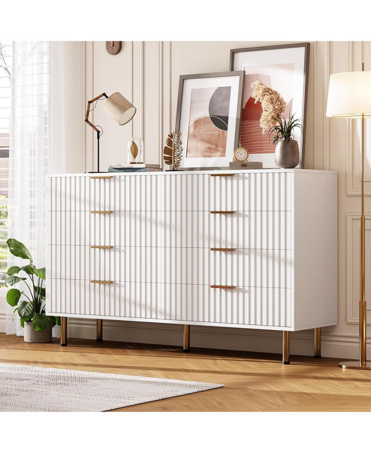 gaomon Drawer Dresser for Bedroom, Fluted Dresser with Large Drawers and Sturdy Gold Legs Support