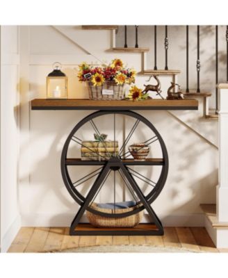 Industrial 3-Tier Console Table, 39.4" Sofa Table Entryway Table with Fixed Wheel Base, Narrow Wood Accent Tables