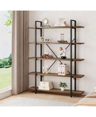 5 Tier Industrial Metal and Wood Bookshelf for Home