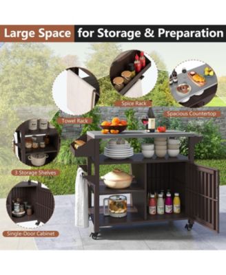 Outdoor Grill Cart with Storage Cabinet Shelves and Stainless Steel Top-Brown