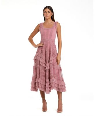 Petite Scoop Neck Sleeveless Mesh Micro Ruffle Midi Dress