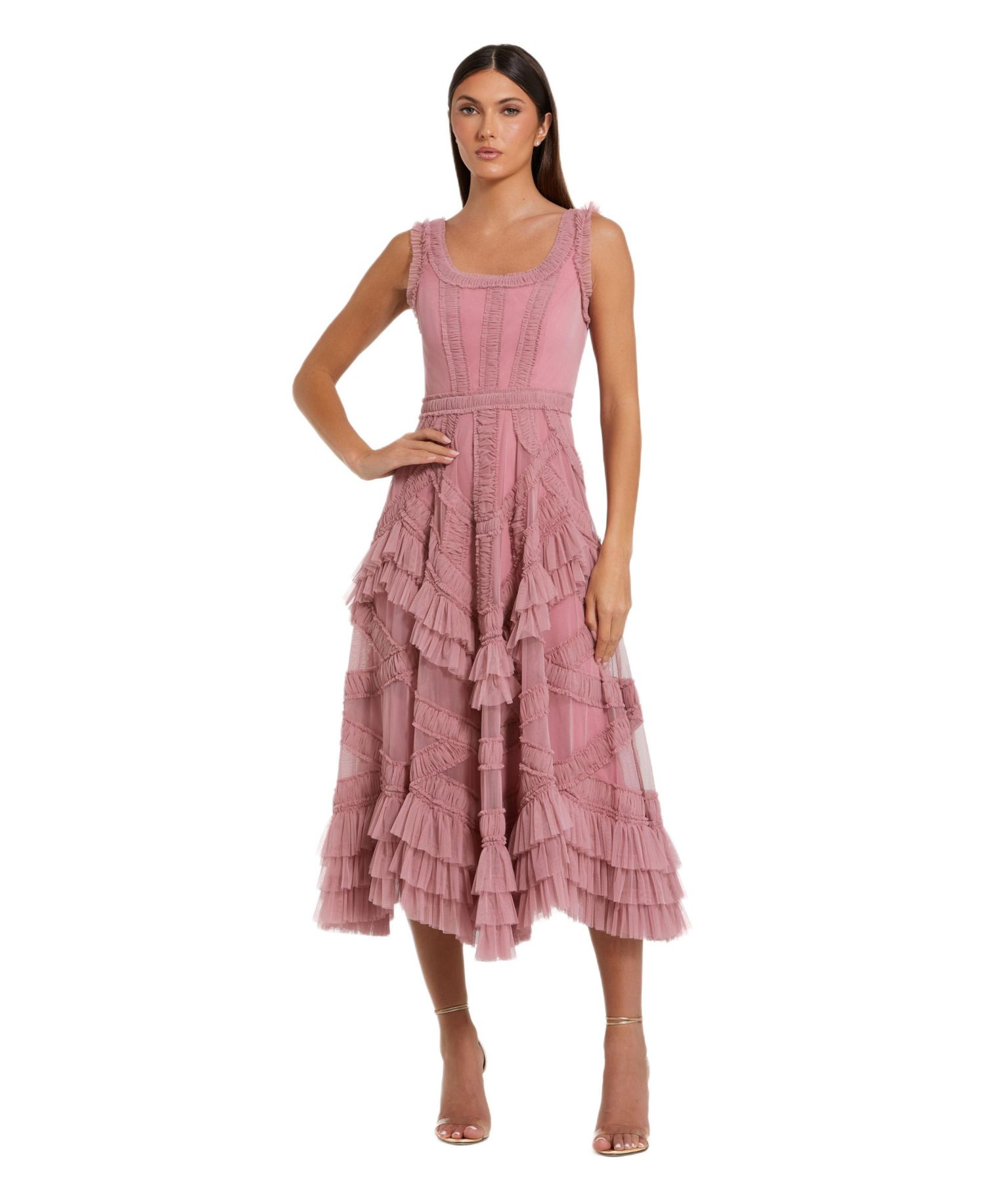 Petite Scoop Neck Sleeveless Mesh Micro Ruffle Midi Dress