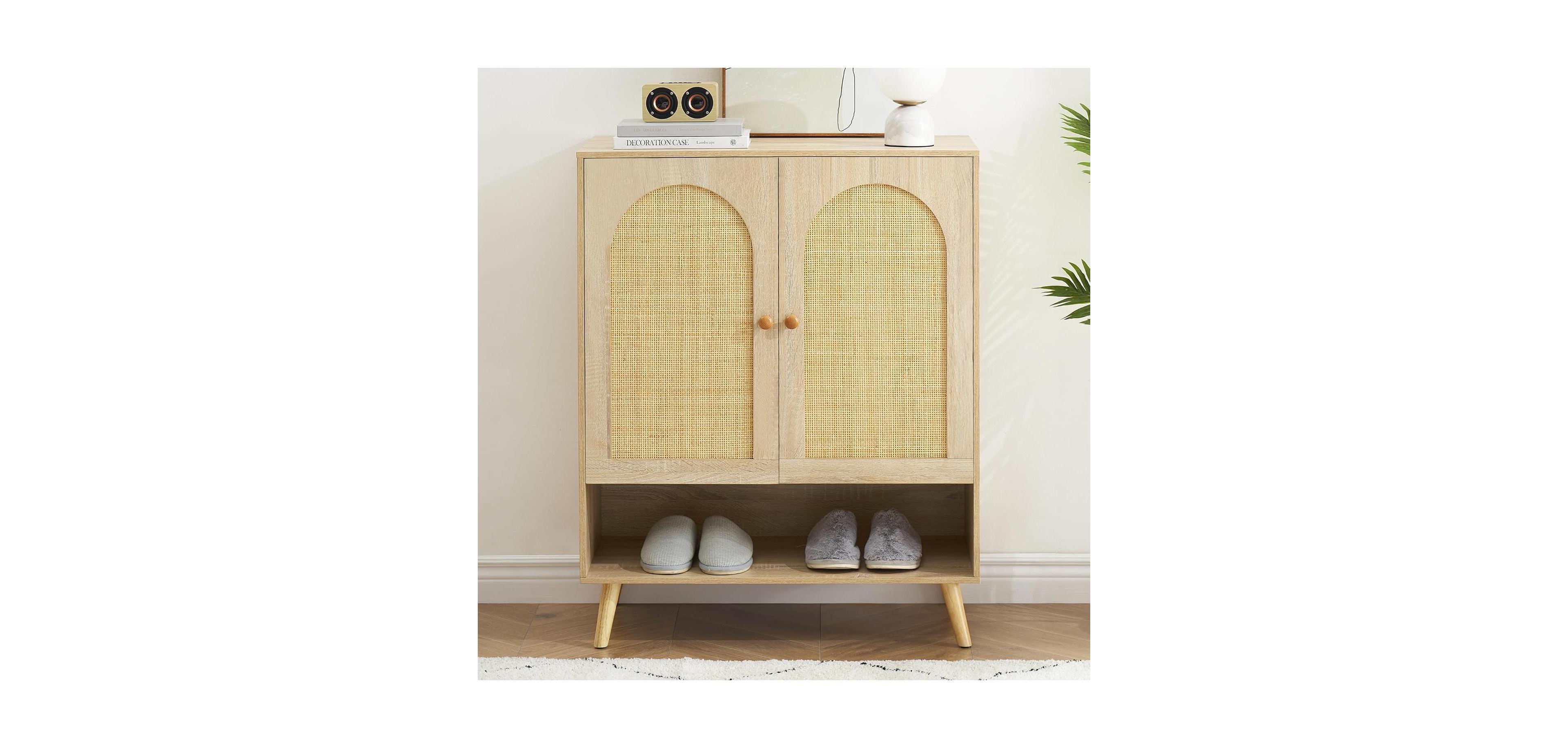 gaomon Shoe Storage Cabinet with Adjustable Shelf, 4-Tier Shoe Storage Cabinet with Rattan Doors