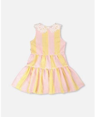 Toddler Girls Sleeveless Dress with Crochet Peter Pan Collar Pink and Yellow Stripes