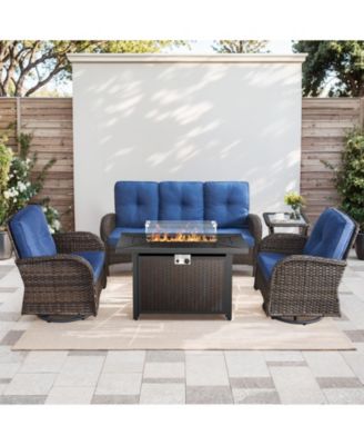 5-Piece Brown Wicker Fire Pit Conversation Set with Olefin Cushions and Patio Swivel Chairs