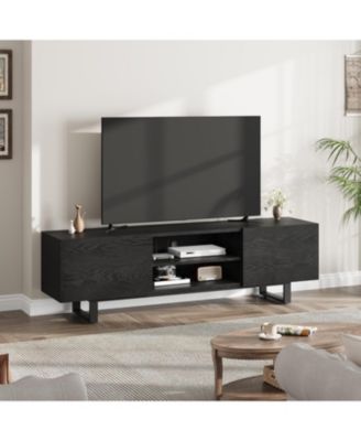 Industrial TV Stand for 65+ inch TVs, Modern Entertainment Center with 2 Drawers, Wooden Media Cabinet with Heavy Duty Leg & Open Storage