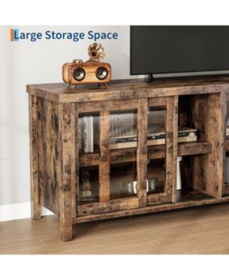 Mid Century Modern TV Stand for 65 Inch TV, 4 Sliding Glass Doors Storage Cabinets Entertainment Center