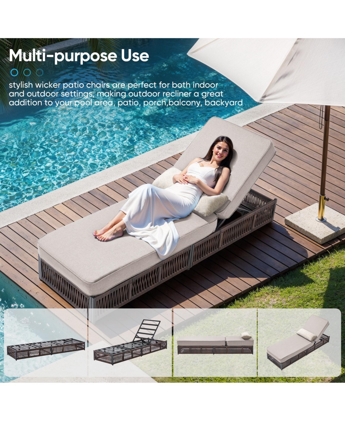 Gymojoy Brown 3-Piece Wicker Outdoor Chaise Lounge with 5 In. Thick Olefin Cushions Patio Chair for Balcony