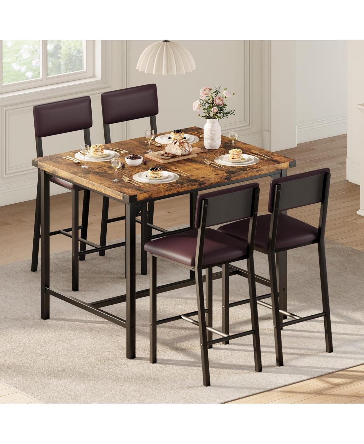 gaomon 5-Piece Counter Height Dining Table Set for 4 with Footrest & Corner Protectors, Kitchen Table and 4 Upholstered Bar Stools