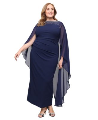 Plus Size Cape-Sleeve Beaded Neckline Dress