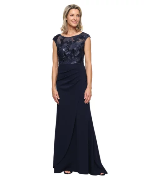 Petite Long Stretch Boat Neck Gown - Navy