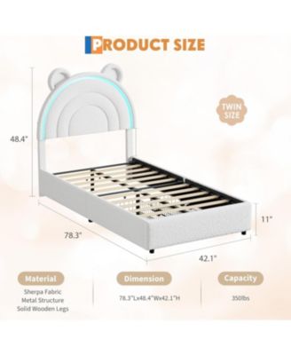 Twin Velvet Bed Frame for Girls, Upholstered Platform Bed with Bear Headboard, LED Lights & 2 Storage Drawers