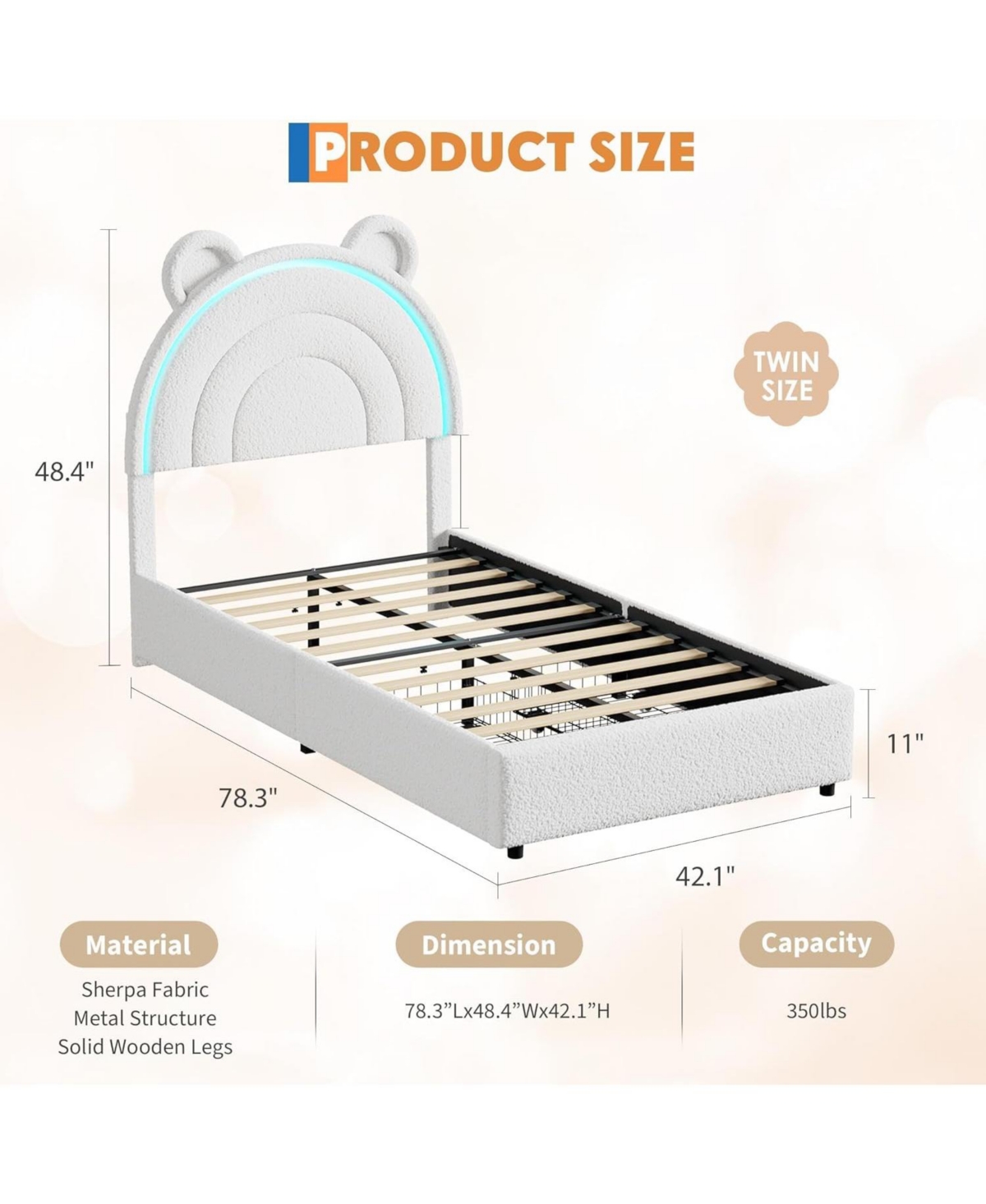 gaomon Twin Velvet Bed Frame for Girls, Upholstered Platform with Bear Headboard, Led Lights & 2 Storage Drawers