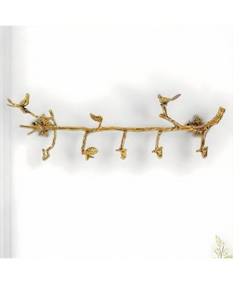 Brass Bird Decor Wall Hooks, 6 Hooks, 22in x 6.5in, Elegant Vintage Design