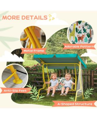 Kids 2-Seater Porch Swing with Seat Belts, Adjustable Canopy