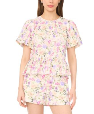 Women's Puff Sleeves Shirred Crew Neck Peplum Top