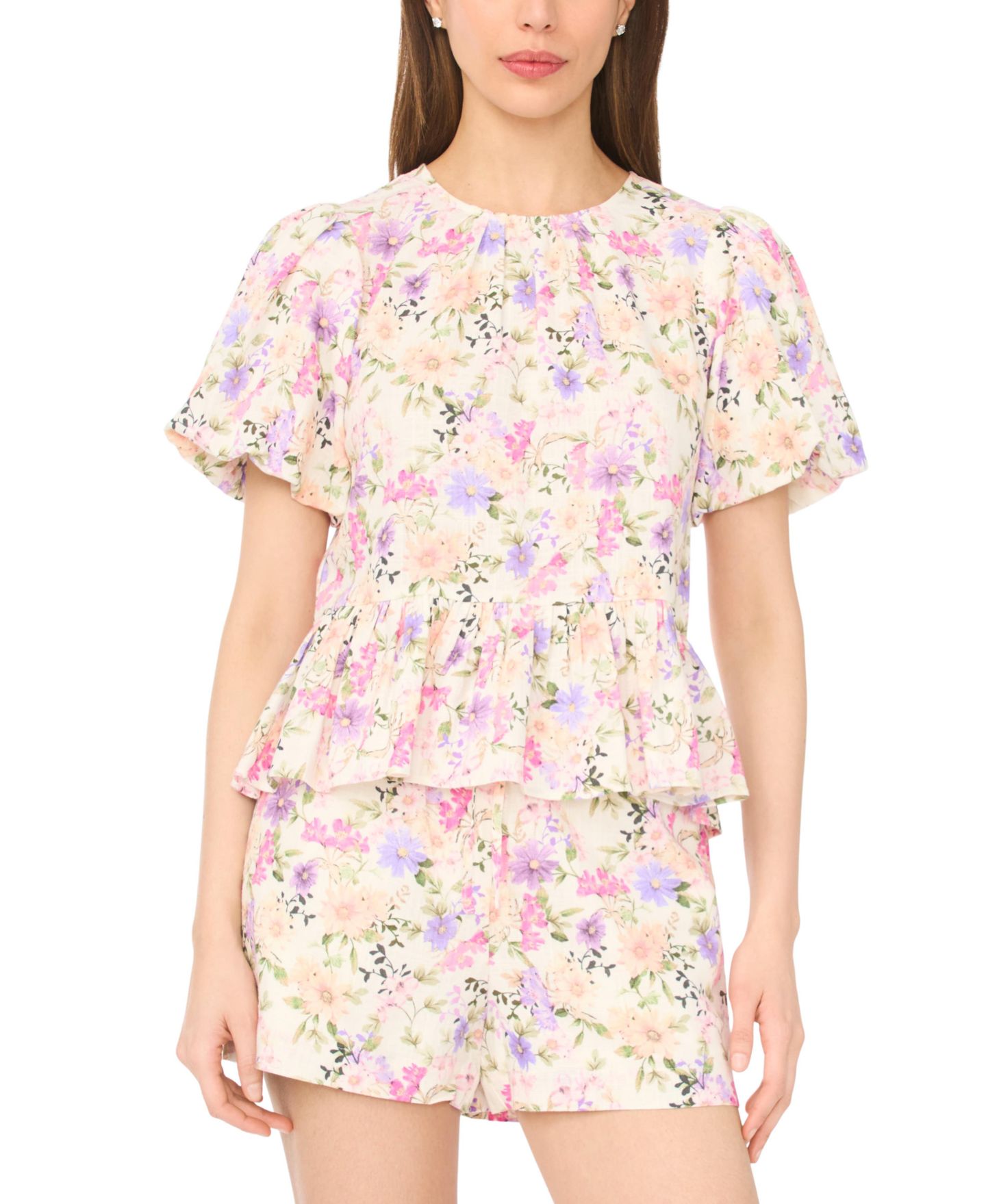 Женский топ CeCe Linen-Blend Floral Puff-Sleeve Crew Neck Peplum, цвет: Слоновая кость — фото 1
