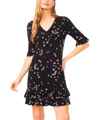 Women's 3/4-Length-Sleeve Ruffle Hem V-Neck Dress