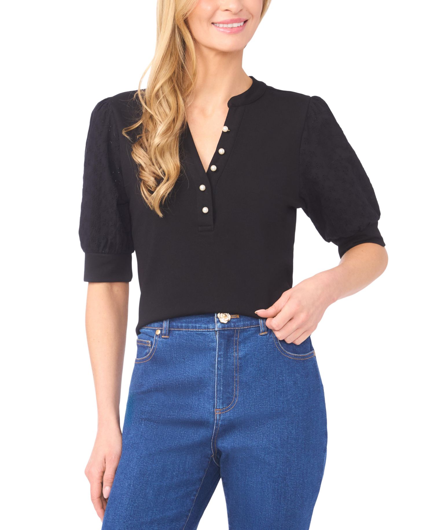 Women's Imitation Pearl Button Henley Puff 3/4-Sleeve Top