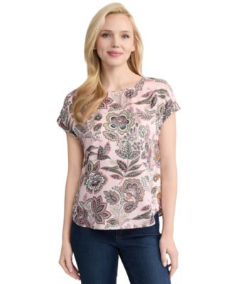 Women's Printed Short-Sleeve Button Detail Blouse