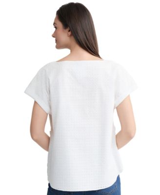 Women's Eyelet Boat Neck Button Detail Top