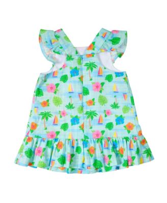 Baby Girl Printed Linen Look Dress With Flower