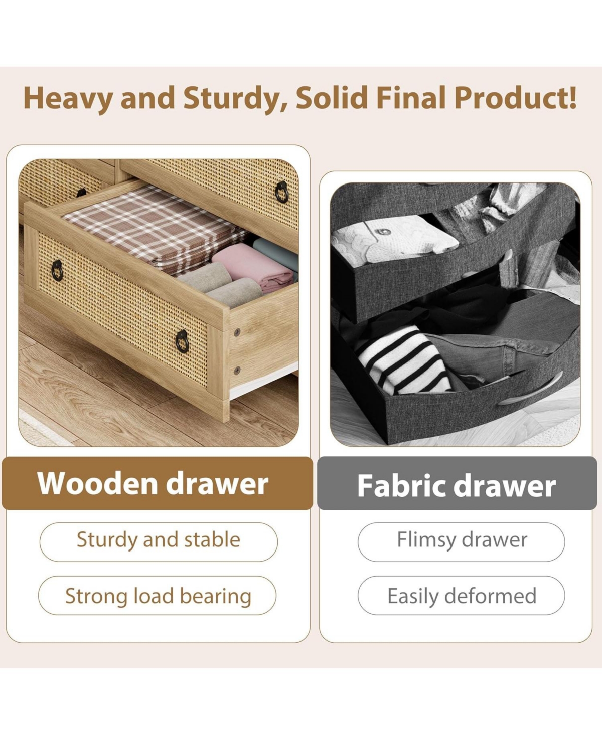 Gaomon 5 Drawer Tall Dresser for Bedroom, 45 in Rattan Dresser, Boho Chest of Drawers, Wooden Chest with Clothes Storage Cabinet