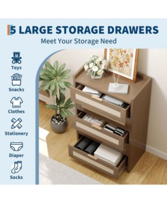 5 Drawer Dresser for Bedroom, Wooden Entryway Rattan Chest of Drawers Large Clothes Storage Cabinet Boho Night Stand for Living Room