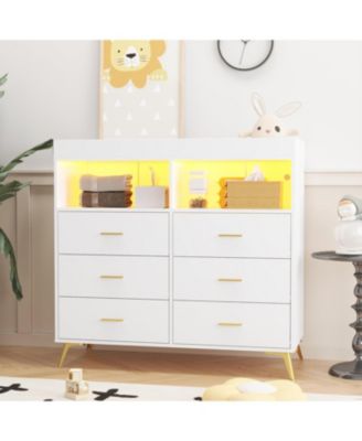 Dresser for Bedroom with 6 Drawers, Multi-Functional Nursery Dresser with LED Lights & Charging Station
