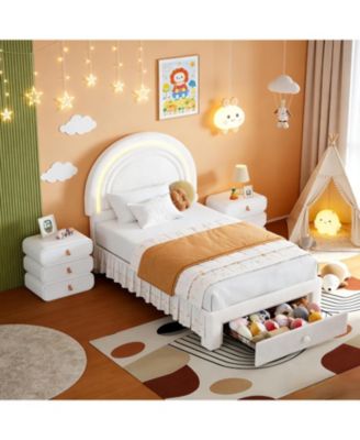Twin LED Kids Bed Frame, Upholstered Platform Bed with Rainbow Headboard & Storage Drawer, No Box Spring Needed