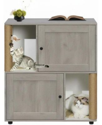 Double Room Cat Litter Box Enclosure for 2 Cats, Hidden Litterbox Furniture with Scratch Posts and Double-Layer Mat