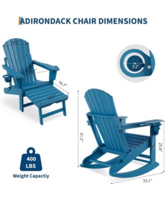 4-in-1 Folding Adirondack Rocker - Ottoman & Cup Holders, HDPE 380LBS 304 Steel, 80% Pre-Assembled (Grey, 1pc)