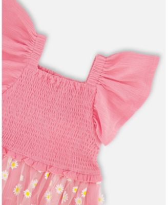 Big Girls Mesh and Crinkle Jersey Dress with Smocking Pink