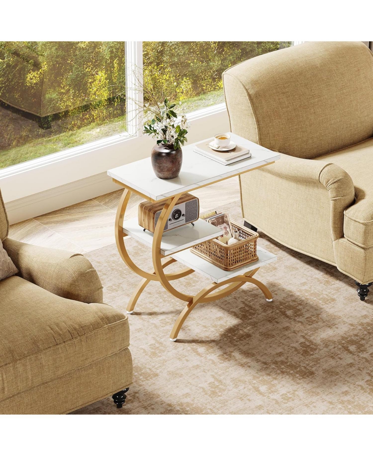 Tribesigns 3-Tier Small Side Table with Storage Shelves,Wood C-Shaped End Table for Living Room Small Space