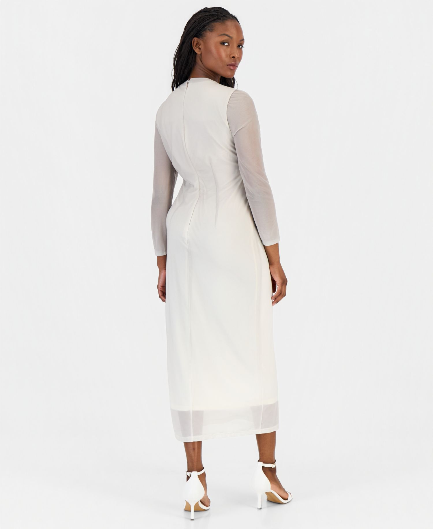 Petite Ruched Printed Mesh Midi Dress